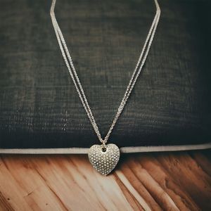 Puffy Pave Heart Necklace Gold Tone Rhinestone Double Chain Feminine Romantic